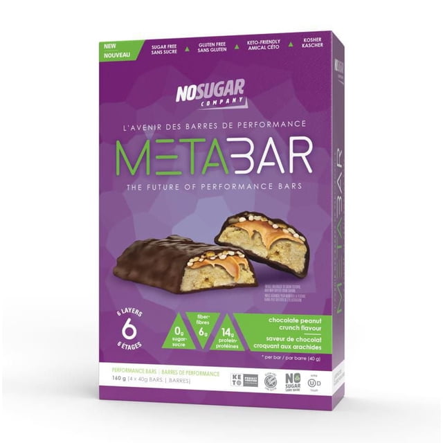 No Sugar MetaBar Chocolate Peanut Crunch box containing 4 individually wrapped 40g bars with 6 layers, 0g sugar, 6g fiber, and 14g protein per bar, keto-friendly, gluten-free, and kosher certified, suitable for keto and low-carb meal plans.