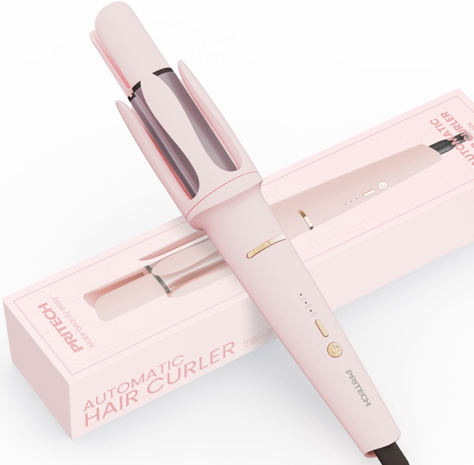 PRITECH Automatic Curling Iron 1 1/4 Inch, Rotating Ionic Hair Curler Wand with 3 Temperatures, Anti-Scald, Auto Shut-Off Spin Iron for Hair Styling, Pink