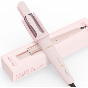 PRITECH Roulement automatique Fer 1 1/4 pouce, tour de la baguette de courbure ionique 3 Températures, Anti-calcaire, Fer à repasser automatique pour le collage des cheveux, Rose