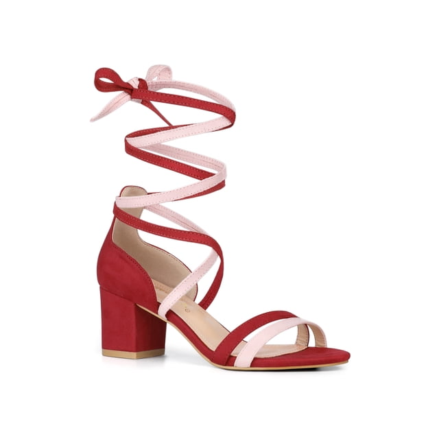 BLISSFUL STEP Sandales à Lacets à Talon Bloc Coloré à Bout Ouvert pour Femmes Rouge Rose (Taille 8,5)
