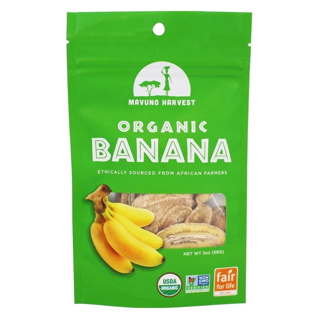 Mavuno Harvest Organic Banana, 2 oz (56 g) bag of dried banana slices. The green packaging features the Mavuno Harvest logo, a transparent window showing the dried bananas, and certifications including USDA Organic, Non-GMO Verified, and Fair for Life. Ethically sourced from African farmers.