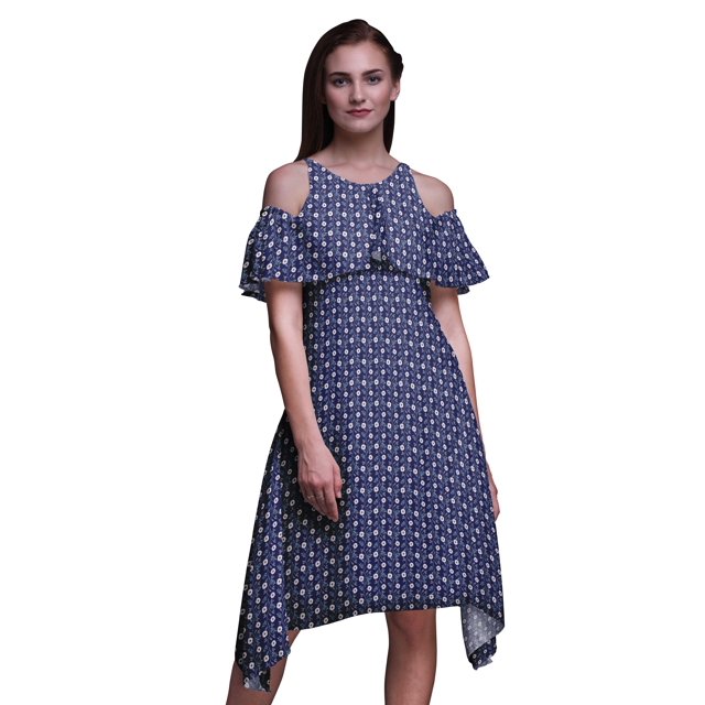 Bimba Blue Floral Printed Womens Ruffle Front Cold Shoulder Swing Shift Dress - Large
