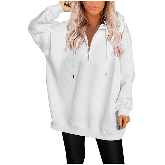 KIHOUT Spring Winter Womens Tops Long Sleeved Solid Color Loose Zippered V-neck Loose Hoodie Pullover