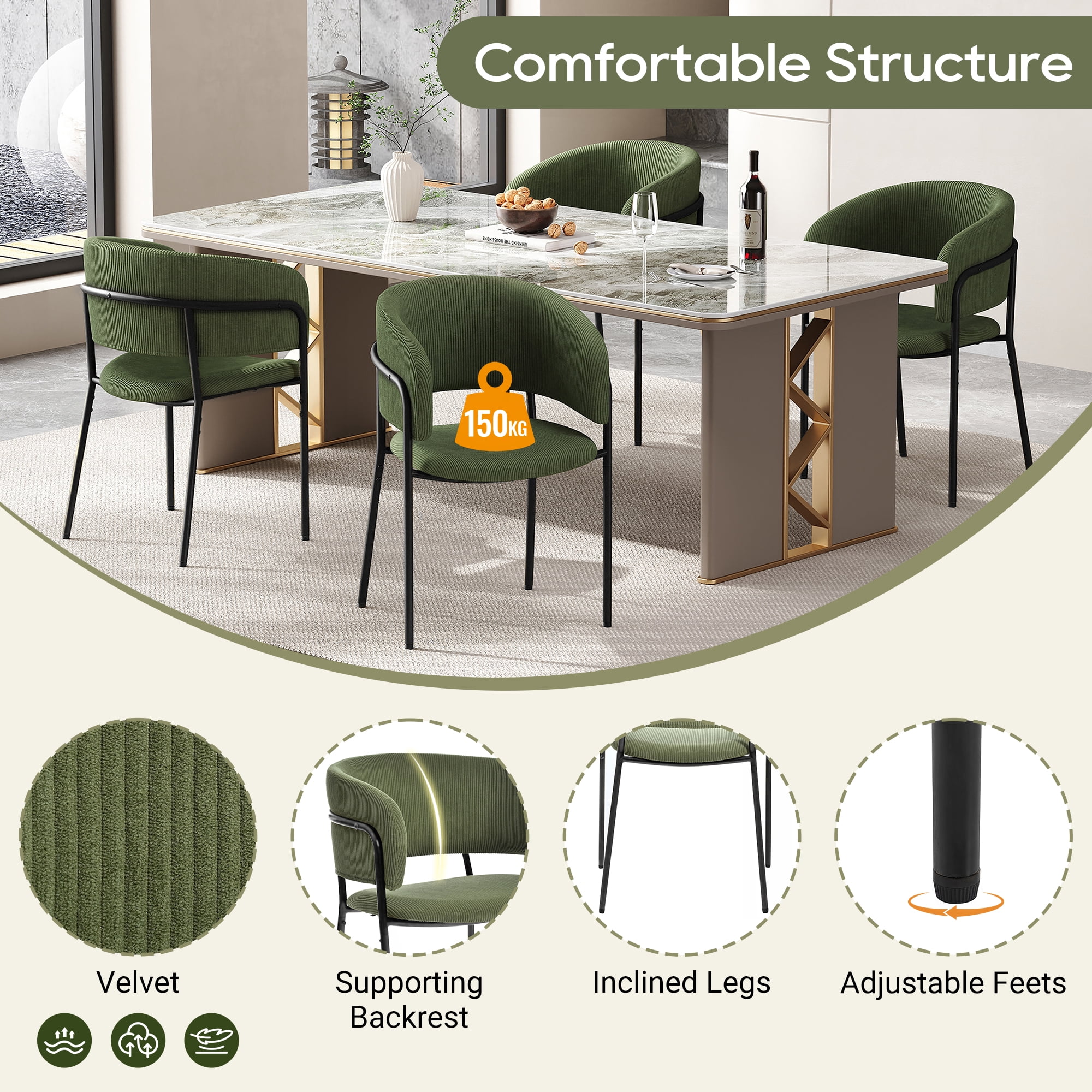 Ensemble de 4 chaises d'appoint modernes Noble House HORIZON avec pattes inclinées et pieds réglables (vert)