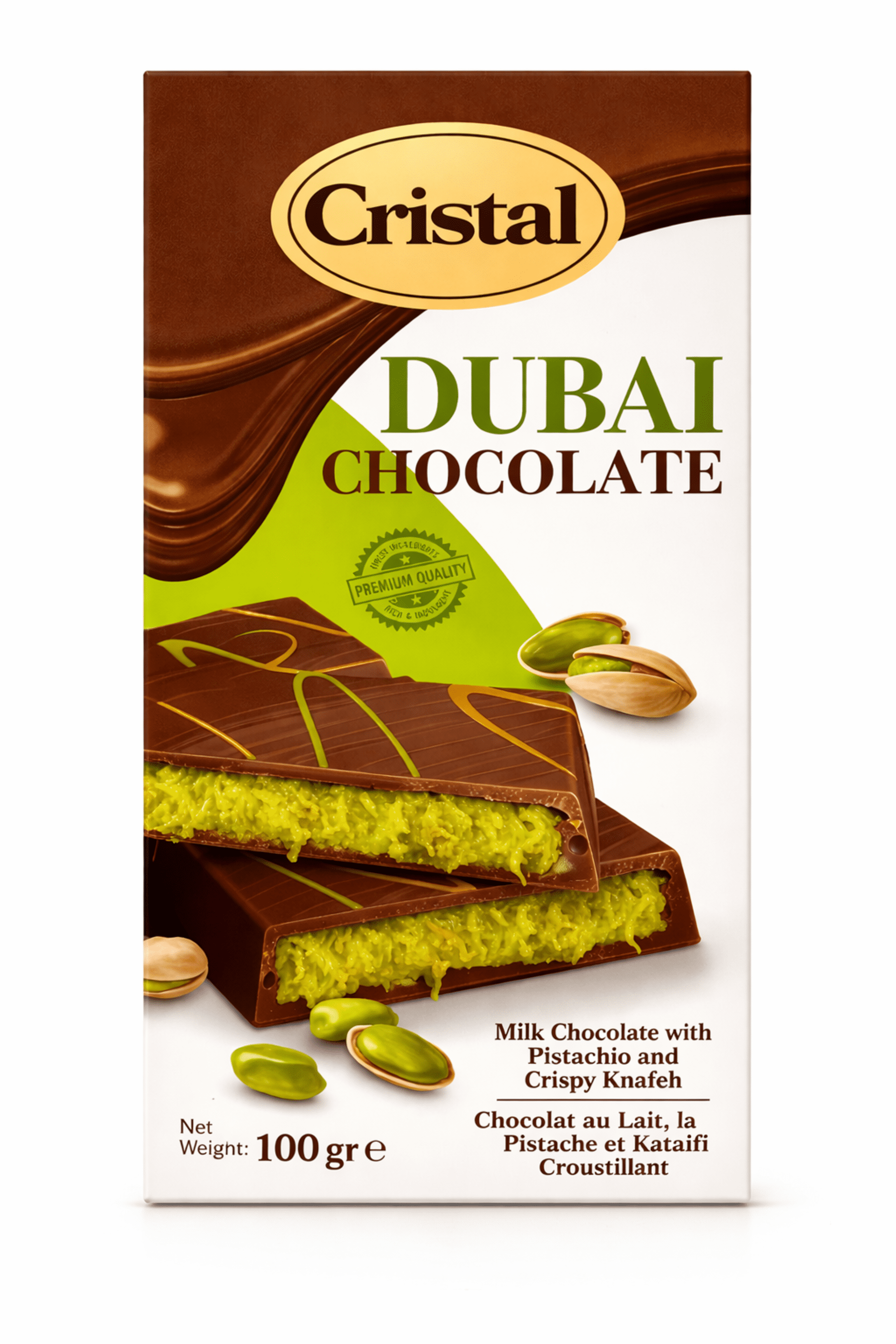 CRISTAL DUBAI CHOCOLATE Milk Chocolate with Pistachio Cream – Contains Milk and Tree Nuts – 100 Gr