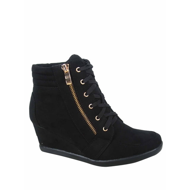 Peggy-56 Chaussures de Sport Compensées Montantes pour Femmes à Bout Rond à Lacets ( Noir, 7.5 )