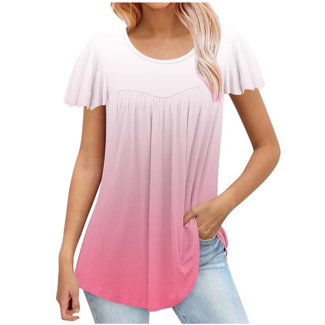 Besolor Hauts d'Été pour Femmes Tendance Dégradé Plissé Manches Courtes Chemises Décontractées Grande Taille Col Rond Blouse Habillée