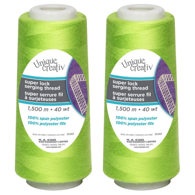 UNIQUE CREATIV TRULOCK serging thread cones in bright green, 100% spun polyester, 40 wt, 1500 m length, designed for overlock machines to create durable seams, hems, and edge finishes, shown as two cones with white plastic tops and bilingual labels.