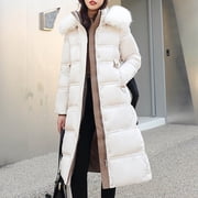 Jsaierl Women's Long Quilted Coat Long Sleeve Puffer Jacket with Hood Solid Color Padded Coats Thick Warm Winter Outerwear with Pockets