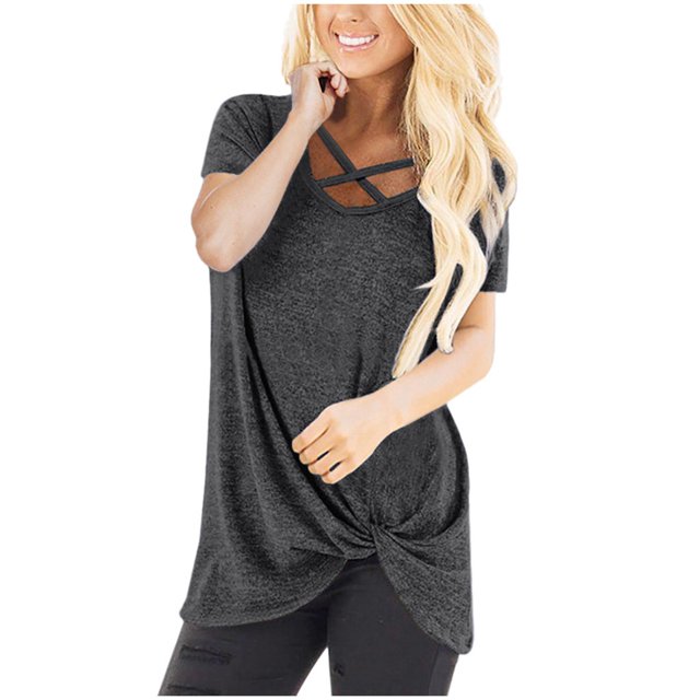 Pompotops T-shirt à Manches Courtes Col en V Uni pour Femmes Blouse Ample