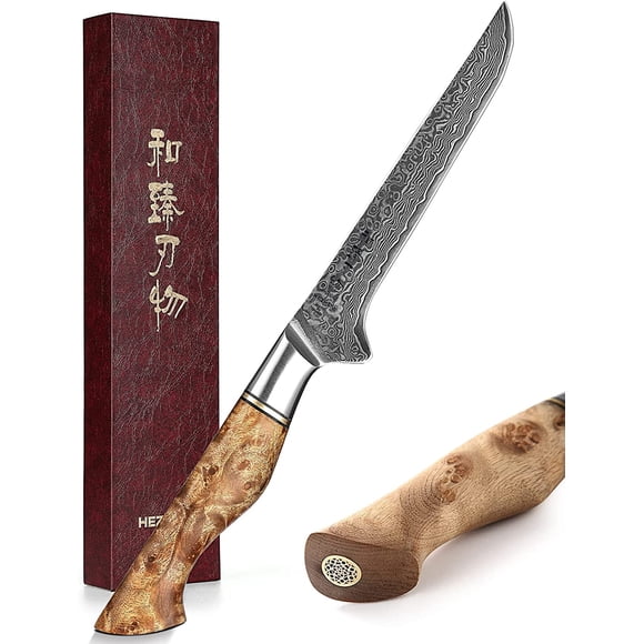 HEZHEN 5PC Kitchen Knives Set-Durable, Vacuum Heat Treated Damascus Steel- High Carbon Steel Japanese Style -Chef Knife Utility Knife Santoku Knife-Figured Sycamore Wood Handle-Porcelain Gift Package