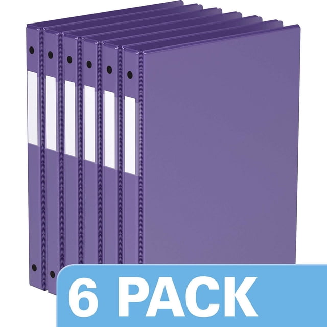 Davis Group, Premium Economy, Round Ring, Binder, 6 Pack, 5/8" showing six purple binders with 5/8 inch round rings, full width label holders on spines, and clear interior pockets on front and back covers to secure documents, suitable for office and school organization.