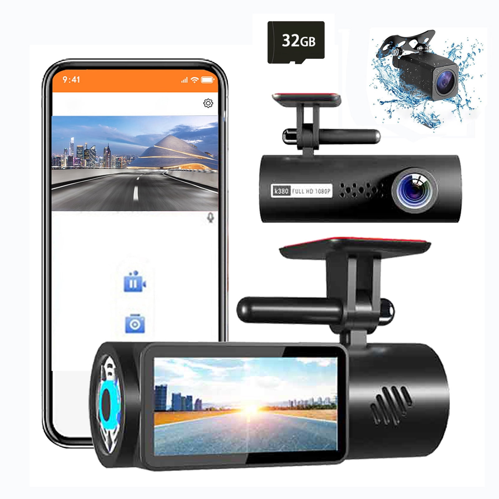 Wuztai 1.97in WiFi Dash Cam, 1080P FHD Front Rear Car Camera with 32GB Card, Infrared Night Vision Dash Cam with 170° Wide Angle Loop Recording G-Sensor Motion Detection