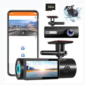 Wuztai 1.97in WiFi Dash Cam, 1080P FHD Caméra avant arrière avec 32GB Carte, vision nocturne infrarouge Dash Cam avec 170° Détecteur de mouvement du capteur G à angle large