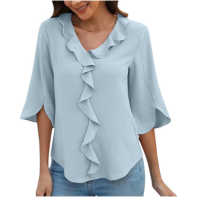 Timegard Tops for Women Petal 1/2 Sleeve Ruffle V-Neck Back Ruched Comfy Tee Summer Beach Casual Loose Top