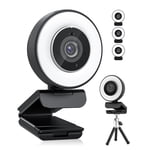 HD Webcam 4k 30fps Avec lumière et microphone réglables, webcam Autofocus avec couverture de confidentialité pour la conférence, streaming en direct, enregistrement