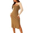 thumbnail image 2 of INSPIRE CHIC Robe Midi en Tricot pour Femme 2023 Automne Hiver à Manches Longues, Découpes, Col Rond, Blocs de Couleur, Ourlet Fendu, Beige-Kaki P, 2 of 5