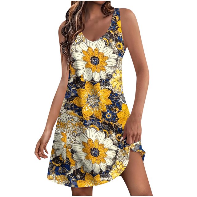 Ovzne Robes de Plage pour Femmes Robe Décontractée pour Femmes avec Poches Robe d'Été Boho de Plage Robe T-Shirts Robe Col en V Robe Débardeur Ample Robe Imprimée en Liquidation