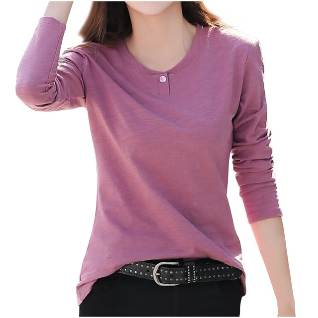 Plebaso Chemises à Manches Longues pour Femmes Col Rond Bas Confortables Hauts Décontractés Couleur Unie Blouses pour Femmes M-4TG