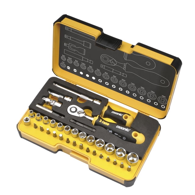 Felo Ratchet 1/4" Set R-GO (36 PC) Metric in a yellow and black StrongBox case containing a 1/4" Ergonic ratchet, stubby multi-tool handle, metric sockets from 4mm to 14mm, screwdriver bits including slotted, Philips, Pozidriv, and Torx, plus extensions and adapters, all organized in foam with tool diagrams on the lid.