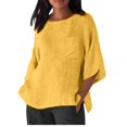 thumbnail image 1 of CHOK 3/4 Manches Chemises en Lin pour les Femmes Ample Ajustement Col Rond Tops Couleur Unie Été Décontracté Tees Noir M, 1 of 5