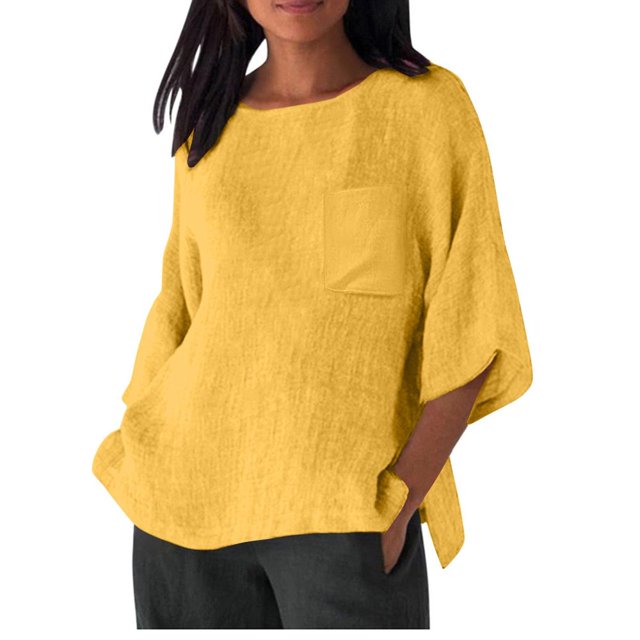 CHOK 3/4 Manches Chemises en Lin pour les Femmes Ample Ajustement Col Rond Tops Couleur Unie Été Décontracté Tees Noir M