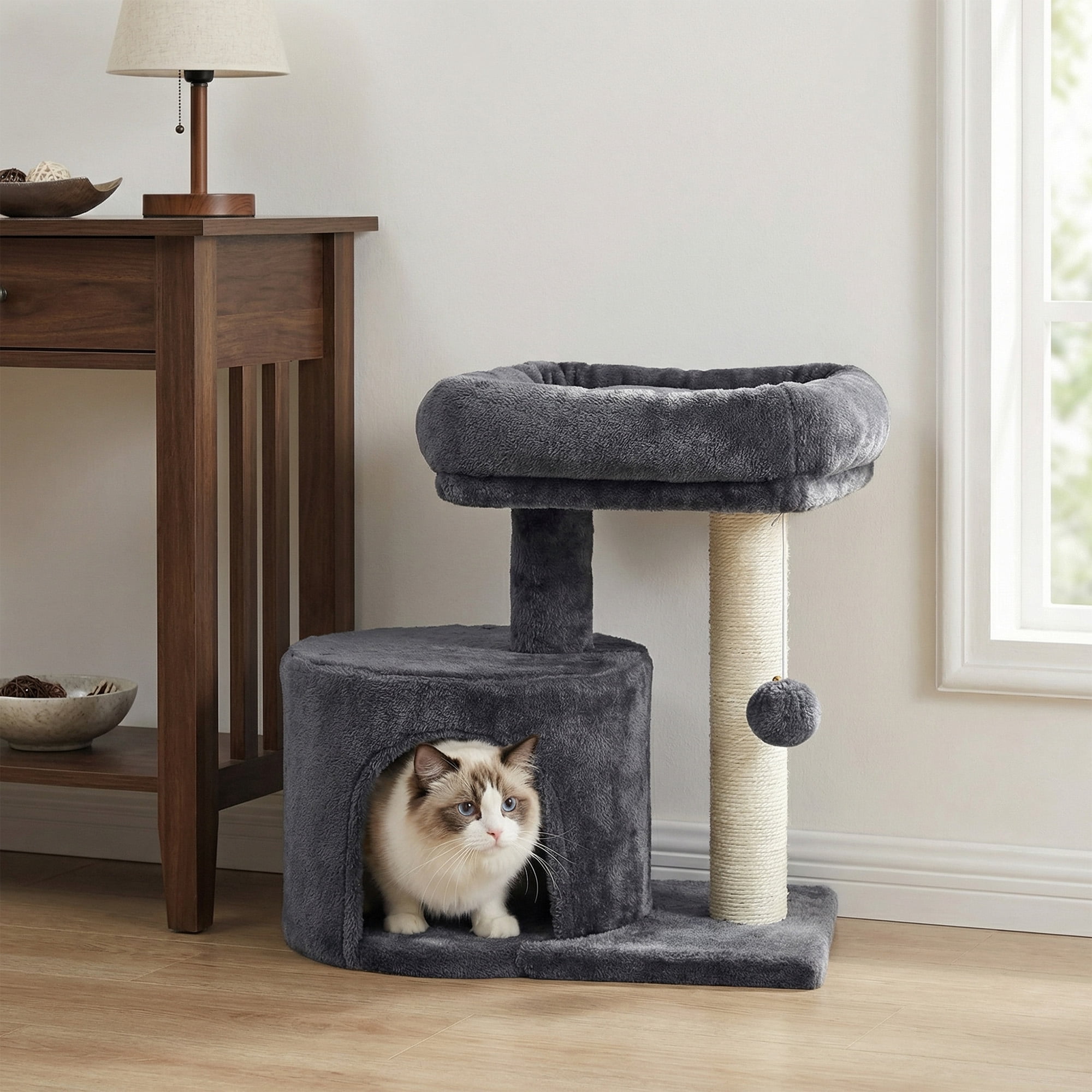 LEDREM Small Cat Tree Tower with Sisal Scratching Post, Plush Condo with Padded Perch & Cave, for Kittens, Small Spaces,Smoky Grey