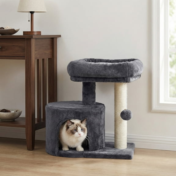 LEDREM Petite Tour Cat Tree avec Poteau à Griffer en Sisal, Condo en Peluche avec Perchoir et Grotte Rembourrés, pour Chatons, Petits Espaces, Gris Fumé