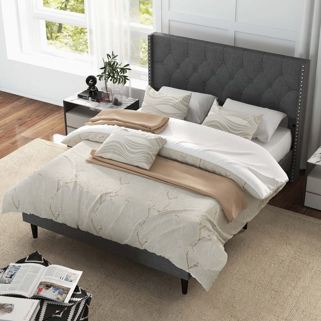 Costway Full Size Upholstered Platform Bed Button Tufted Headboard Mattress Foundation