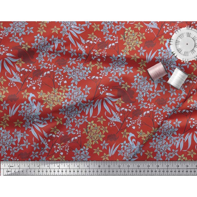 Soimoi Tissu Crêpe polyester Rouge Feuilles & Floral Imprimé à la Main Tissu au Mètre 52 Pouces de Large