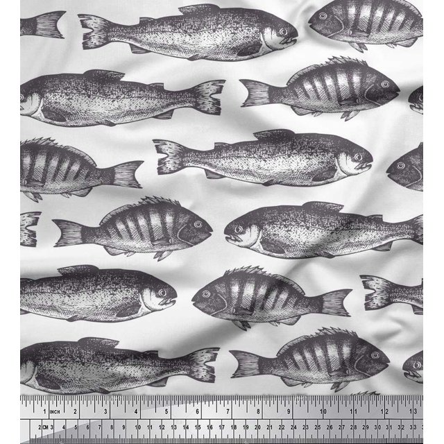 Soimoi White Georgette Viscose Fabric Fish Ocean Print Sewing Fabric Yard 42 Inch Wide
