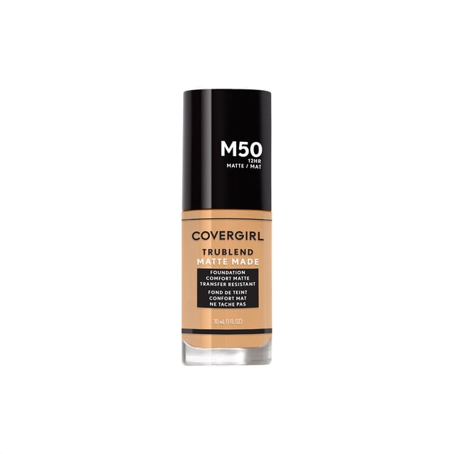 COVERGIRL Trublend Matte Made Fond de Teint Teinte M50, Bouteille de Fond de Teint Liquide 30 ml avec Capuchon Noir Étiqueté Mat Tenue 12 Heures, avec Ton beige et Texte Mettant en Valeur Mat Confort, Résistant au Transfert, Formule Sans Huile Convient aux Peaux Normales à Grasses.