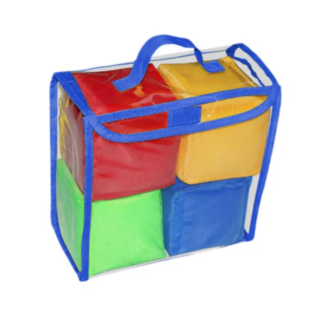HILABEE Pocket Dice for Kids Learning Activities Playing Game Dice, a set of four soft PVC cubes in red, yellow, green, and blue. Each cube features clear pockets on all sides for inserting learning cards or photos, making them ideal for educational activities, classroom teaching, and group games. Packaged in a transparent carrying case with blue trim and handle, these learning cubes are perfect for early education and interactive play.