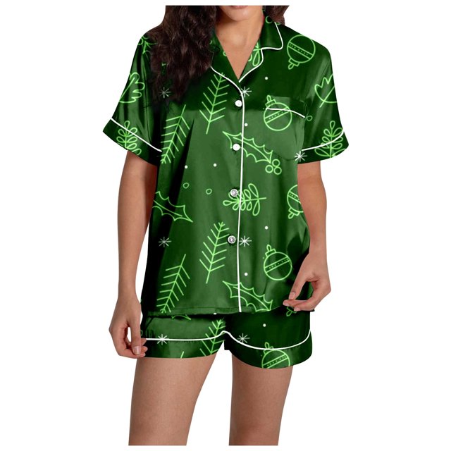 GDREDA Ensemble de pyjamas pour Femmes Dames de Noël Imprimé en Satin de Soie à Manches Courtes Ensemble de Pyjama Femmes Ensembles de pyjamas pyjamas Vert Foncé,S