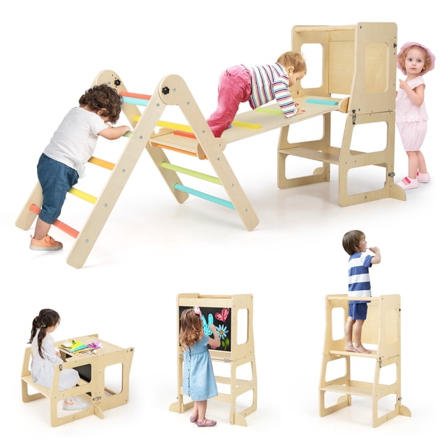 Costway Ensemble de Jouets d'Escalade 7-en-1 pour Tout-Petits avec Rampe Réversible, Marchepied Marchepied Convertible au design Multicolore. Cet Ensemble Comprend une Échelle d'Escalade, une Rampe Coulissante, un tunnel de Rampement et un Marchepied Qui Se Transforme en Ensemble table et Chaise pour Enfants. Fabriqué en Bois de Pin et Contreplaqué, Il Présente des Coins Arrondis, un Tableau Noir et des angles Ajustables pour Grimper et Glisser. Conçu pour les Enfants de 3 à 14 Ans, avec une Capacité de Charge de 13