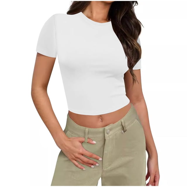 Yuyuzo Hauts de Sortie pour Femmes Manches Courtes Haut Court Col Rond T-Shirts Basiques Ajustés Extensibles