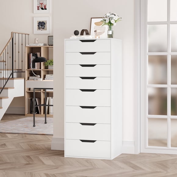 Homfa Commode Compacte à 8 Tiroirs pour Chambre à Coucher pour Petits Espaces, Haute Commode en Bois, Blanc