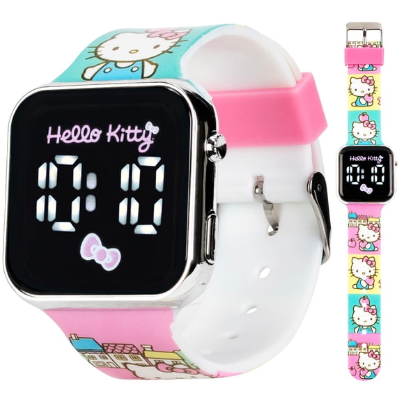 Accutime Hello Kitty LED Kids Watch - Silver Plastic Case Colorful Printed Artwork White LED Display Soft Silicone Strap Easy to Read Ideal for Girls Official Sanrio Merchandise