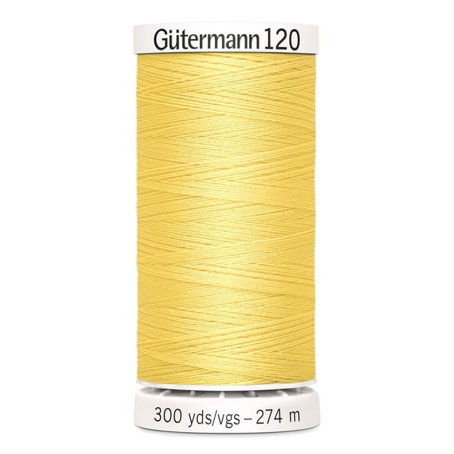 Gutermann 120 100% polyester all purpose sewing thread spool in yellow with white plastic caps labeled with brand and length 300 yards (274 meters), suitable for machine and hand sewing various fabrics including cotton, synthetics, and natural fibers, also ideal for craft and DIY projects.