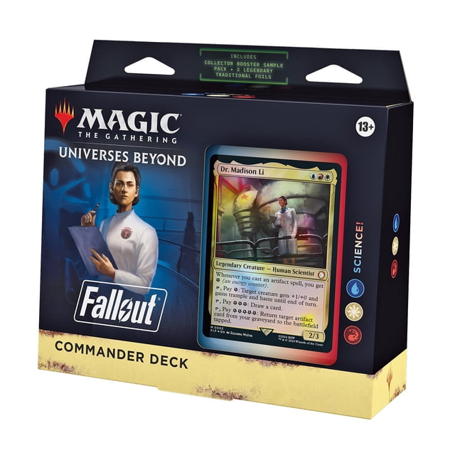 Magic: The Gathering Fallout Commander Deck - Science! (Deck de 100 Cartes) Mettant en Vedette Dr Madison Li en Créature Légendaire. Comprend des Cartes Multicolores, un Échantillon de Booster Collector avec des Cartes Rares et alt-frame, et des Accessoires comme un Traqueur de Vie, une Boîte de Deck et des Jetons. Conçu pour le format Commander, Ce Deck de Jeu de Cartes à Collectionner Explore l'Univers Post-Nucléaire Fallout avec des Mécaniques Thématiques et une Illustration.