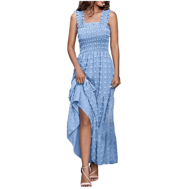 Birdeem Womens Sleeveless Extra Long Solid Shoulder Strap Dot Tank Top A-Line Hem Layered Dress