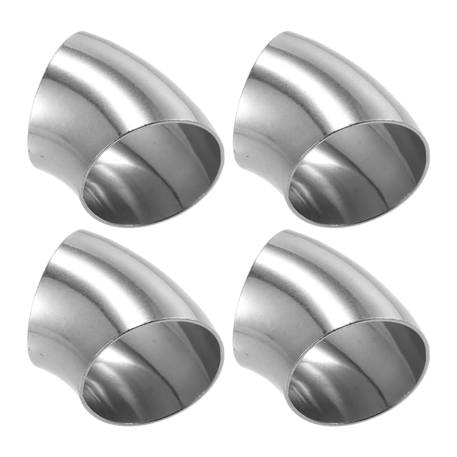 Unique Bargains 4 Pcs OD 2.5 Inch 45 Degree SS304 Stainless Steel Exhaust Elbow Pipe for Car Modified Exhaust System. The set includes four silver-tone 45-degree bend elbow pipes made of durable SS304 stainless steel with a polished surface. Each pipe measures 2.76 inches in length and width, with an outer diameter of 2.48 inches and a back arc length of 2.95 inches. Designed for high-temperature and high-pressure applications, these pipes feature humps at both ends for enhanced stability and easy clamp installation. Suitable for most cars and ideal for custom exhaust system modifications.