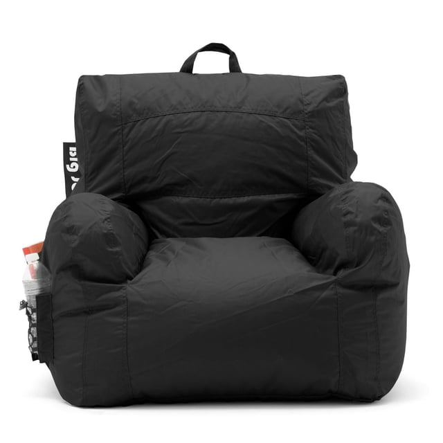 Big Joe Bean Bag Chair in black, front-facing with cushioned armrests and backrest made from waterproof SmartMax ballistic nylon fabric. Includes a side pocket with a water bottle, a drink holder, and a carry handle. Measures 33 by 32 by 25 inches, suitable for kids' bean bag chairs and durable seating in bedrooms or dorm rooms.