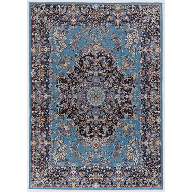 Tapis d'Accent Emerald Kramer Ivoire et Bleu 3 Pieds3 Pouces x 5 Pieds à Poil Court avec Motif Traditionnel Détaillé de Médaillon floral en Ivoire et Bleu. Fabriqué en polyester Facile d'Entretien avec une Finition Soyeuse, des Bords Dentelés et un Endos en Feutre avec Poignées en Caoutchouc, Idéal pour les Entrées et les Zones à Fort Passage, et Souvent Utilisé dans les Cuisines Ou les Salles de Bain.