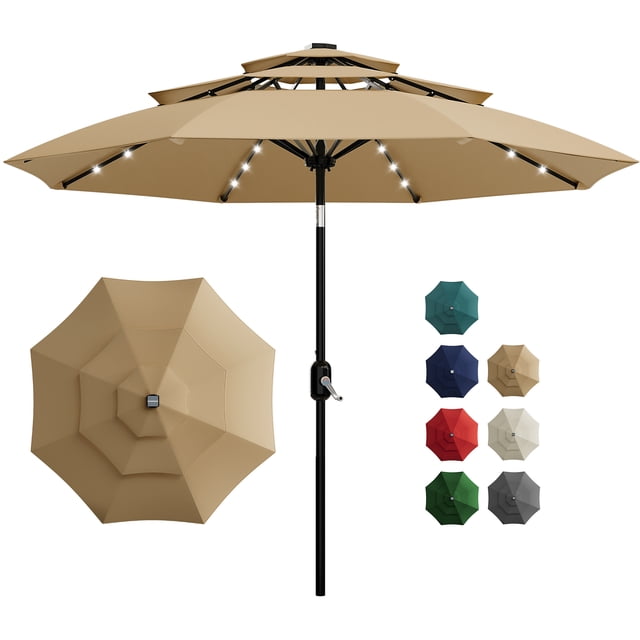 Yiwa 10ft Solar Patio Umbrella Offers a 3-Tier Design With Built-In Led Lights, Easy Crank And Push Button Tilt, Vented Top, And 8 Durable Ribs, Making It Ideal For Your Pool