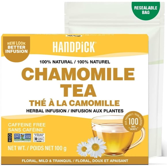 HANDPICK Chamomile Tea Bags (100 Count) | Herbal Tea, Flavored Tea, Sleep Aid Tea | Caffeine Free, Non-GMO, Gluten Free | Eco-Conscious Herbal Tea Bags