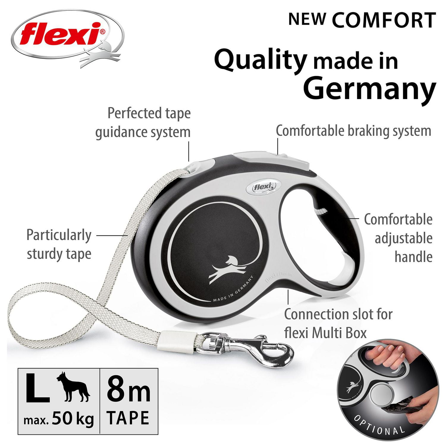 Flexi New Comfort Laisse à Ruban Rétractable pour Grand Chien, Noir, 8m/26 Pieds
