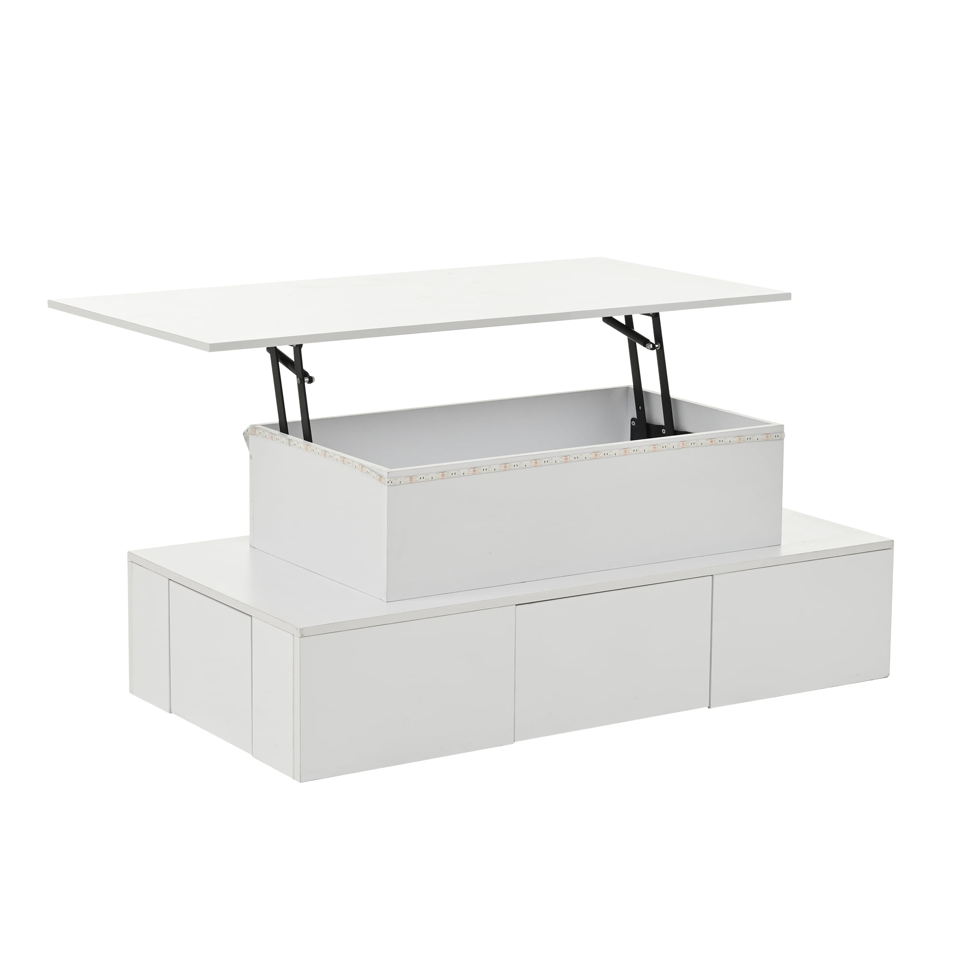 Homy Casa table basse blanche relevable avec 4 tiroirs, lumières LED et rangement caché pour salon