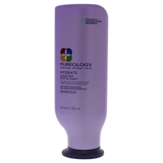 Hydrate Conditioner by Pureology for Unisex - 8.5 oz Conditioner. A lavender-coloured bottle with a flip-top cap, designed for dry, colour-treated hair. Features 100% vegan ingredients and an AntiFade Complex to maintain vibrant hair colour. Infused with rose hip, evening primrose oil, kakadu plum, and seaweed for hydration and moisture.
