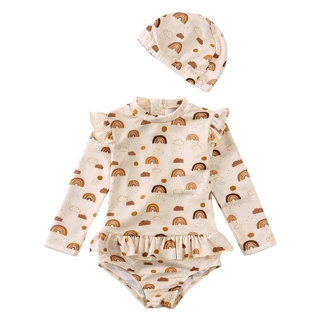 PMVFHDE Girls Floral Print Long Sleeve Swimsuit Sun Protective Bathing Suit With Matching Hat Beige,3-4 Years